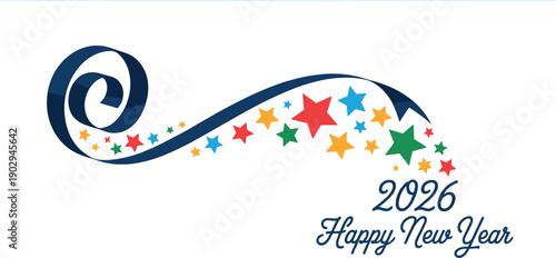 2026 Happy New Year navy ribbon and colorful stars on white background Keywords: 2026, happy new year, celebration, new year