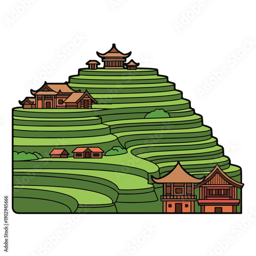 A serene hillside village with terraced fields