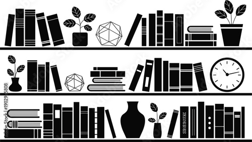 Black Silhouette Bookshelves with Decorative Items on White Background untitled illustration