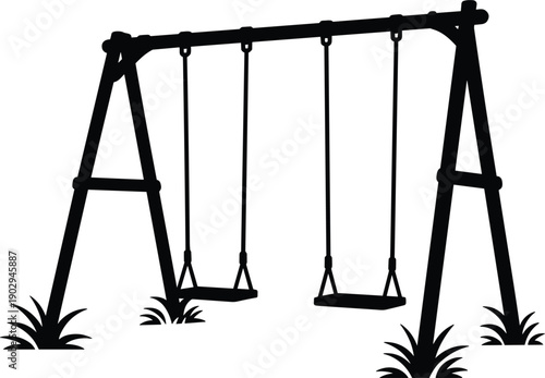 Black silhouette of a playground swing set with two seats and grass Keywords: swing set, playground, children, recreation