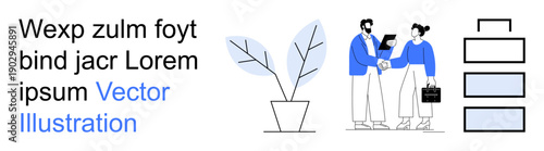 Teamwork, office culture, career growth, business communication, professional meetings, minimalism. Two business professionals shaking hands near office elements. Teamwork and business communication