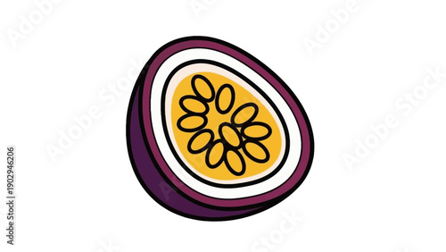 Fresh passion fruit half vibrant purple and yellow vector illustration with seeds