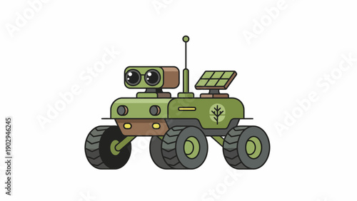 Adorable green robot rover equipped with solar panels for eco-friendly planetary exploration and