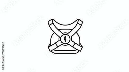 Minimalist line art icon of a medical or safety chest harness with central electrical symbol for