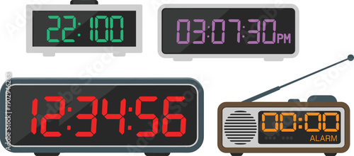 Digital alarm clock set with LED time displays and retro radio alarm, modern electronic clock collection isolated on white background, flat vector illustration