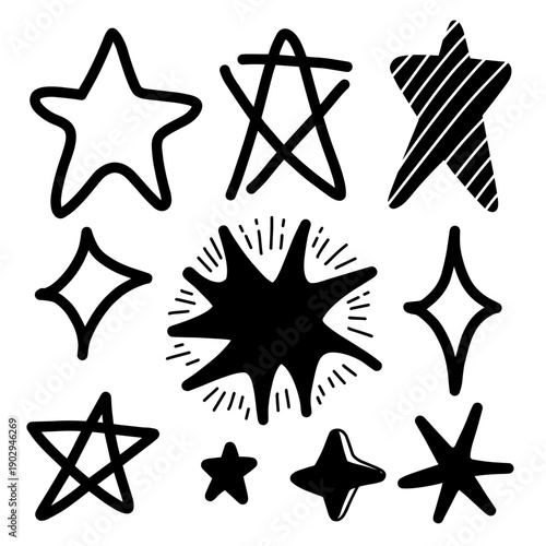 Set of hand drawn light, star and sparkle effect drawing illustrations in doodle style.