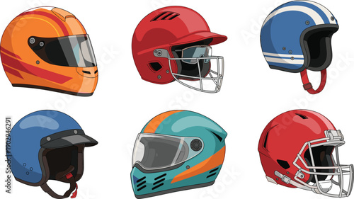 Collection of six diverse sport and racing helmets in various colors Keywords: helmet, racing helmet, sports helmet, motorcycle