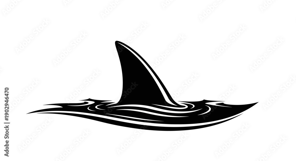 Fototapeta premium A black silhouette of a shark fin breaking the surface of the water, creating ripples.