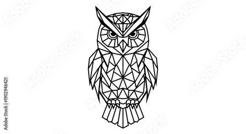 Geometric owl illustration in black and white, featuring a polygonal design, line art, and abstract animal form.