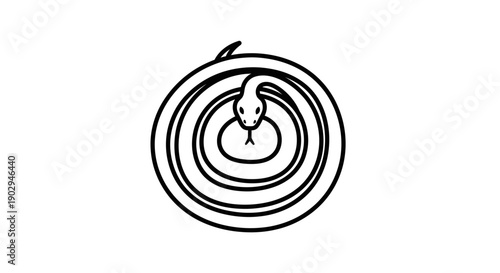 A minimalist black and white line art drawing of a snake coiled in concentric circles with its head in the center.