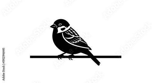 A black and white silhouette illustration of a small bird, likely a sparrow, perched peacefully on a horizontal branch, showcasing fine details.