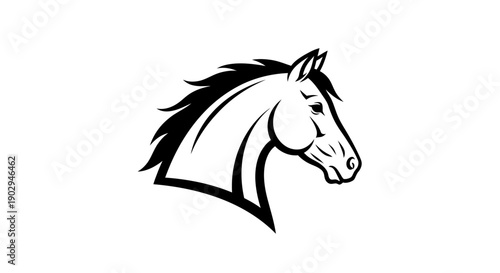 Black and white illustration of a horse's head in profile, featuring a stylized and strong equine design perfect for a mascot or logo.