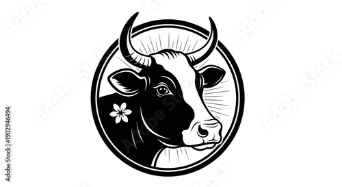 Black and white illustration of a cow's head with horns and a flower on its cheek, set within a circular frame, in a rustic style.