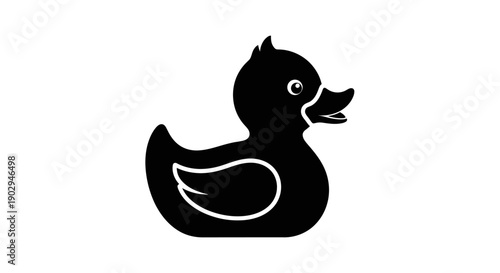 A black silhouette of a classic rubber duck with a white eye and beak detail, isolated on a clean white background.