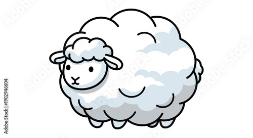 A cute cartoon sheep with fluffy white wool and a small head on a plain background.