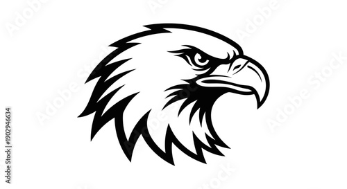 Black and white illustration of an eagle head in profile, featuring a fierce and determined expression, ideal for a mascot or logo.
