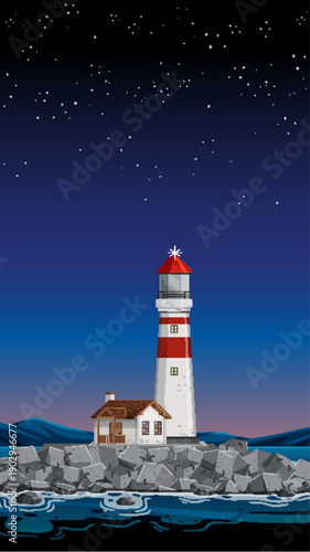 Red and White Lighthouse on Rocky Shore Under Starry Night Sky