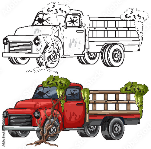 Abandoned Red Truck Overgrown With Vines and Trees