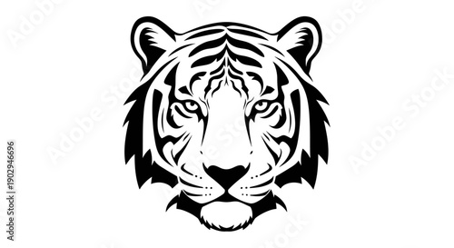 Striking black and white stylized illustration of a tiger's head, featuring intricate tribal patterns and fierce expression.