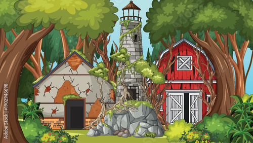 Abandoned Farmhouse and Lighthouse Hidden in Forest Clearing