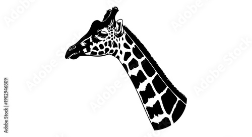Black and white graphic illustration of a giraffe's head and long neck with its distinctive spotted pattern.