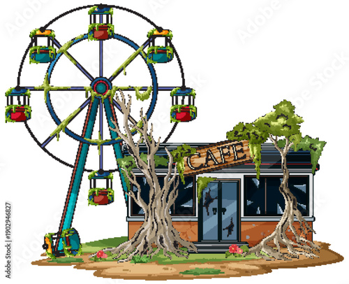 Abandoned Ferris Wheel and Overgrown Cafe Illustration