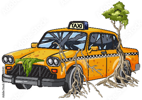 Abandoned Yellow Taxi Overgrown With Trees and Roots