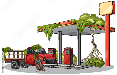 Abandoned Gas Station Overgrown With Trees and Vines