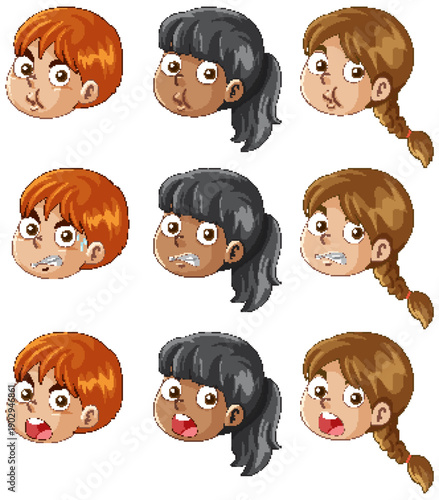 Cartoon Children Faces with Different Facial Expressions and Hair Styles