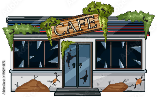 Abandoned Cafe Building With Broken Windows And Vines