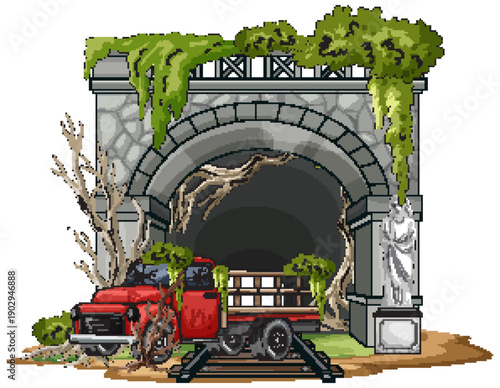 Abandoned Red Truck at Overgrown Stone Tunnel Entrance