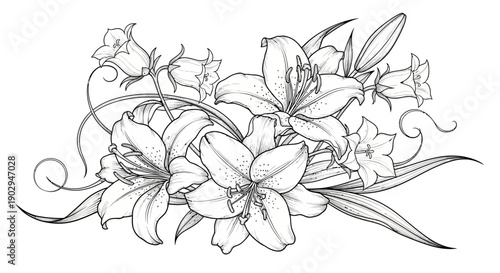 A detailed black and white line drawing of a beautiful arrangement of lilies and bellflowers with swirling vines.