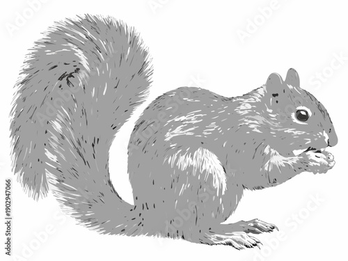 A grayscale illustration of a squirrel holding a nut in its paws