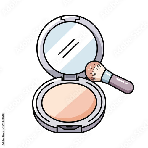 A compact makeup powder with a brush for application, showing a mirror inside the lid.