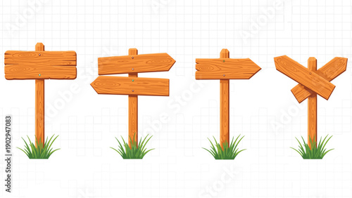 Four wooden directional signposts with grass at their bases on a white background Keywords: signpost, wooden sign, directional
