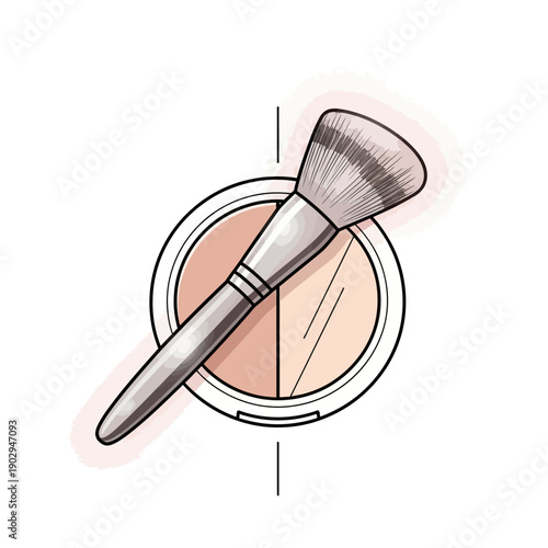 An illustration of a makeup brush resting on a compact powder with two shades.