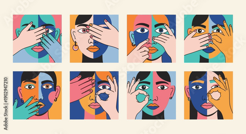 Abstract portraits of diverse individuals with hands partially obscuring their faces, exploring themes of perception and identity.