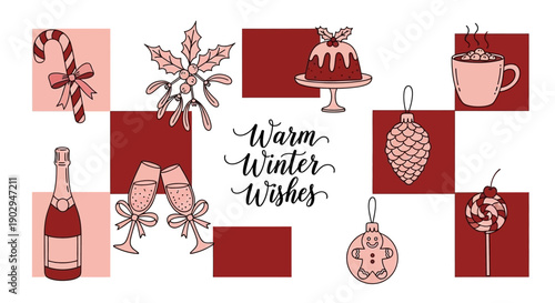 A festive collection of Christmas and winter holiday icons arranged in a grid with warm winter wishes text.