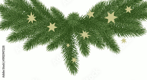 A festive garland of green pine branches adorned with small golden stars.