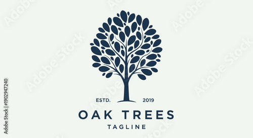 A stylized dark blue oak tree logo with the text "OAK TREES" and "TAGLINE" below it, set against a light background.
