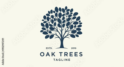 A stylized illustration of a dark blue oak tree with a full canopy of leaves, set against a cream background, with the text "OAK TREES" and "TAGLINE" below.