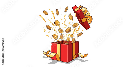 A red gift box with a golden ribbon is open, with gold coins and confetti exploding outwards.