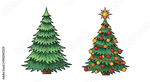 Two Christmas trees, one undecorated and one adorned with ornaments and a star topper.