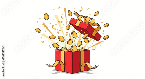 A red gift box with a golden ribbon bursts open, showering golden coins and confetti.