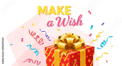 A beautifully wrapped gift box with a golden bow, surrounded by colorful confetti and streamers, with the text "Make a Wish" above it.