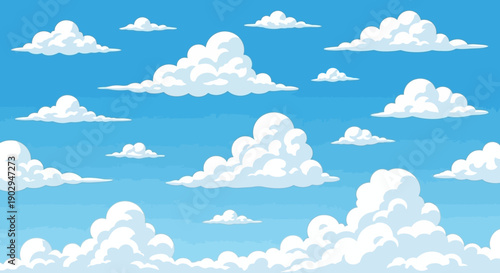 A beautiful, clear blue sky filled with fluffy white cumulus clouds of various sizes.