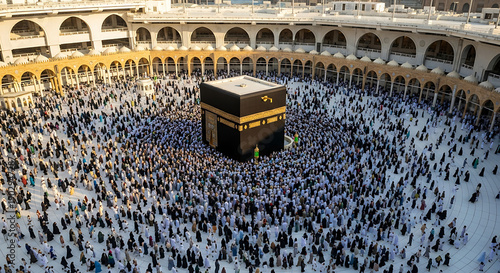 Fotografie A large crowd of pilgrims gathers around the Kaaba in Mecca