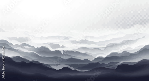 Abstract ethereal landscape with layered misty mountains fading into a bright white sky.