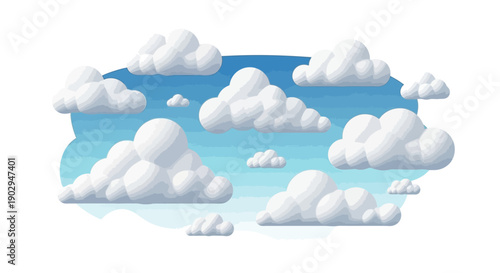 A collection of fluffy white cumulus clouds scattered across a bright blue sky.