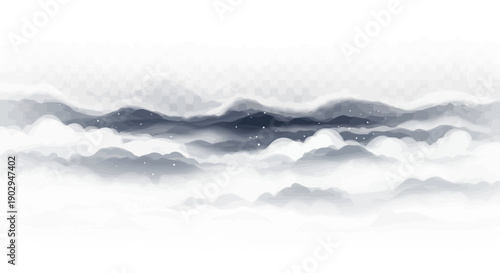 Misty mountain range with soft, ethereal clouds and subtle starry accents.